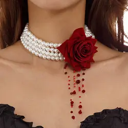 KunJoe New Gothic Black Red Crystal Tassels Chain Halloween Large Rose Flower Necklace Women Multi Layer Imitation Pearl Choker