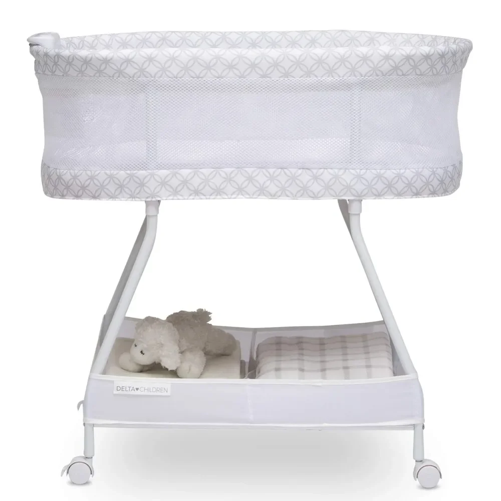 Bassinet mimpi manis dengan aliran udara jaring boks bayi portabel samping tempat tidur dengan lampu getaran dan musik, abu-abu tak terbatas