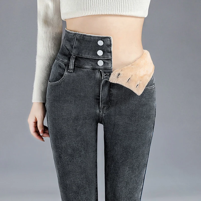 Thick Lambwool Pencil Jeans Women Vintage Plus Velvet Winter High Waist Denim Trousers Snow Wear Big Size Skinny Stretch Legging