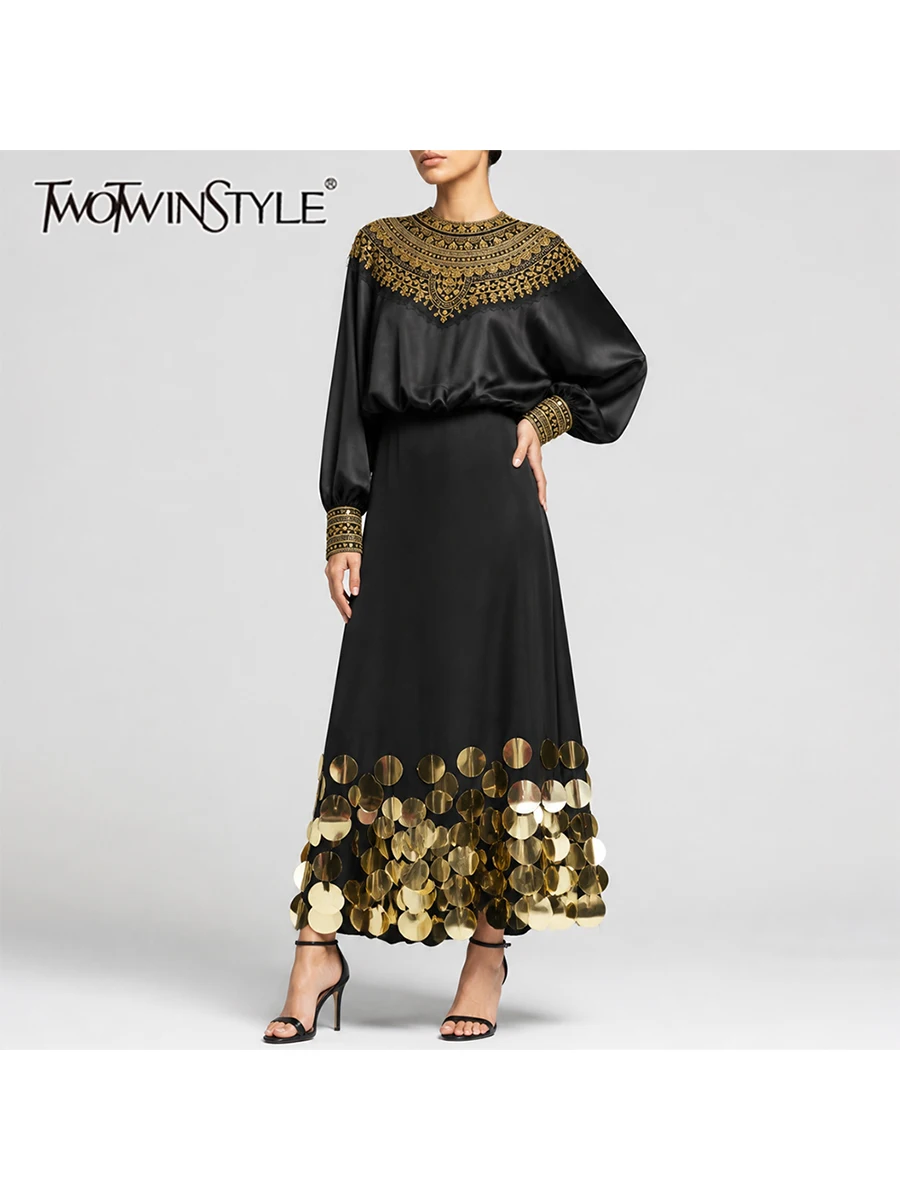 TWOTWINSTYLE Sequin Spliced Lace Loose Two Piece Set for Women High Neck Lantern Sleeve Top High Waist Maxi Skirt Sets Female