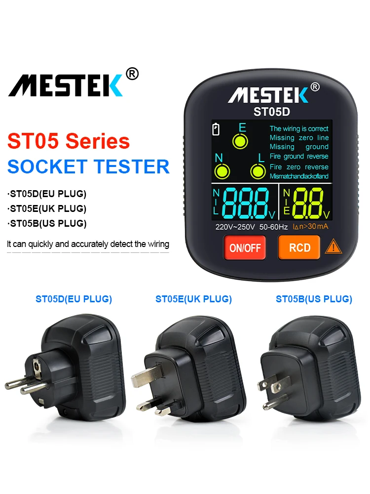 Socket Testers Voltage Test Socket Detector EU Plug Ground Zero Line Plug Polarity Phase Check RCD Tester