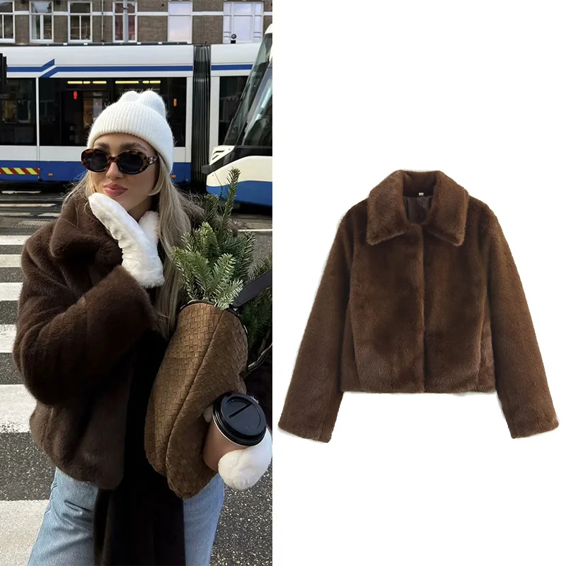 

NERHEFZ женское коричневое повседневное укороченное пальто из искусственного меха с боковыми карманами, модная женская зимняя коричневая толстая теплая куртка с лацканами, уличная одежда в стиле ретро
