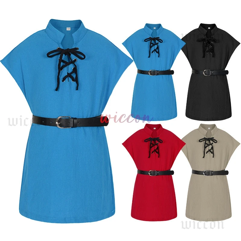 ボーイズキッズ中世パンクコスプレシャツヴィンテージルネッサンス海賊バイキング騎士衣装北欧チュニック包帯 Tシャツベルトなし