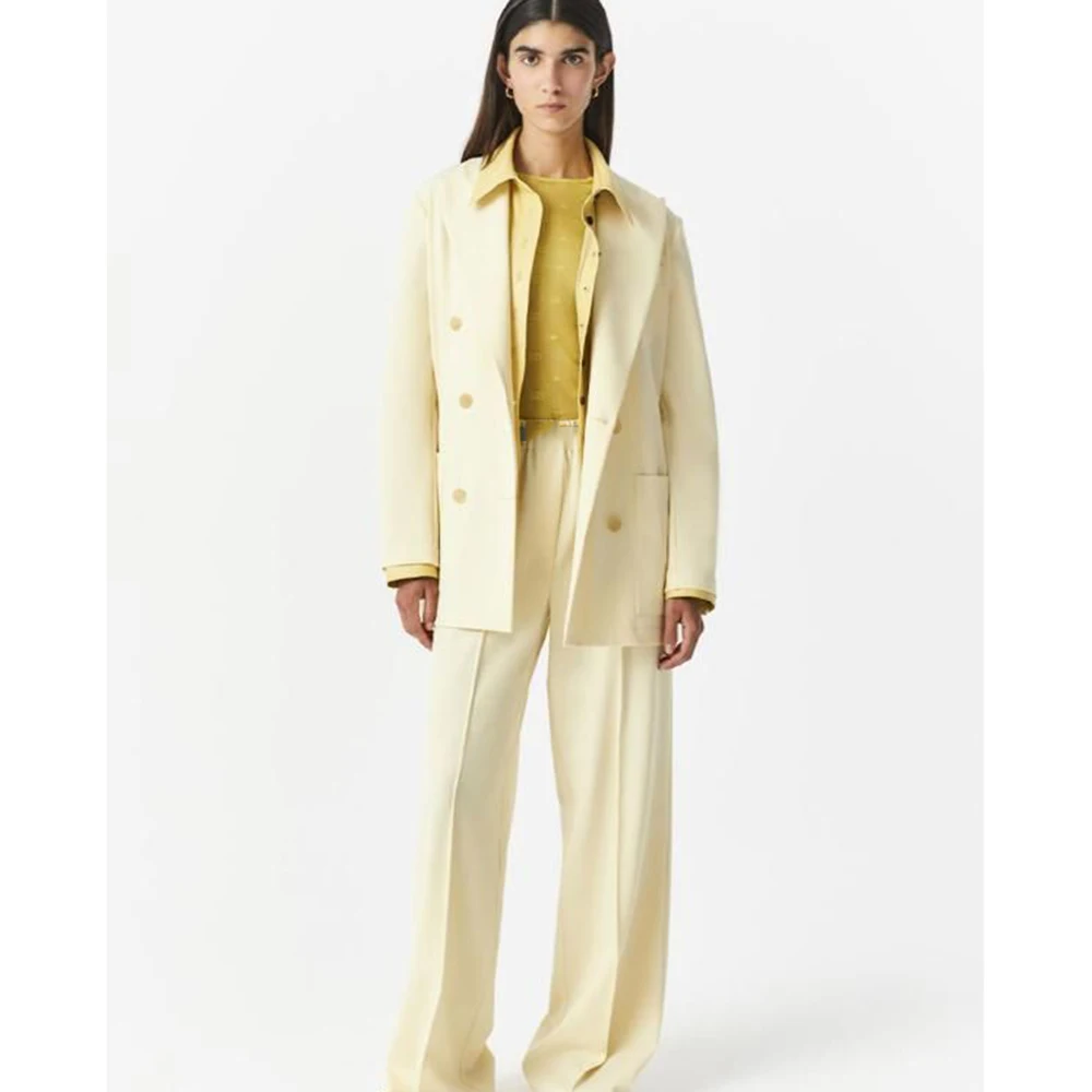 

Light Goose Yellow Women Commute Suit 2 Piece High Quality Set Double-Breasted Peak Lapel Loose Office Female(Jcaket+Pant)