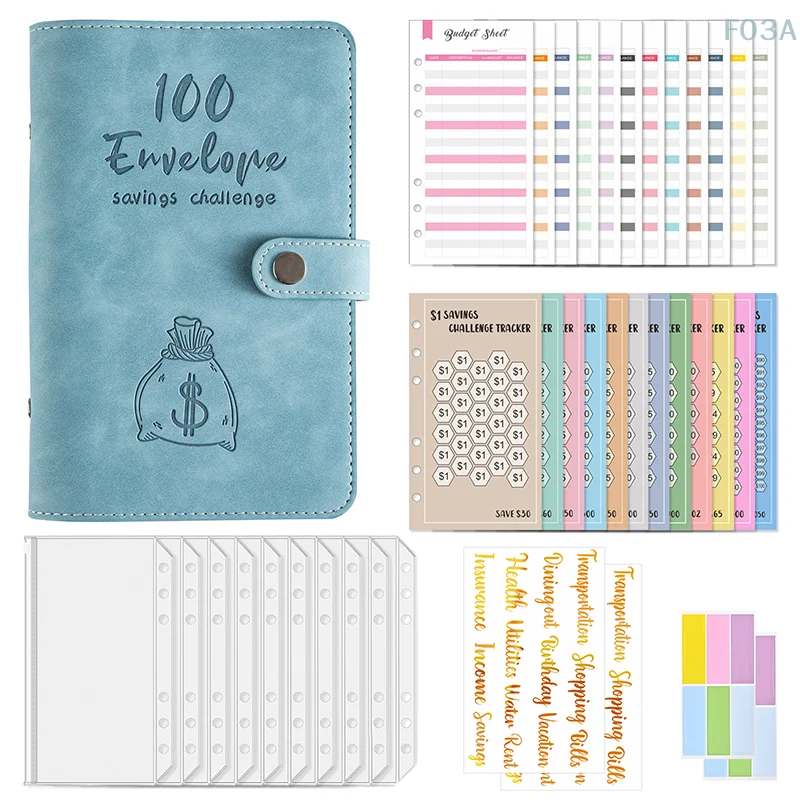 100 วันประหยัดเงินซองจดหมายท้าทาย Binder Savings Book โน้ตบุ๊คหลวมโปร่งใส Binder Cash Budget Organizer