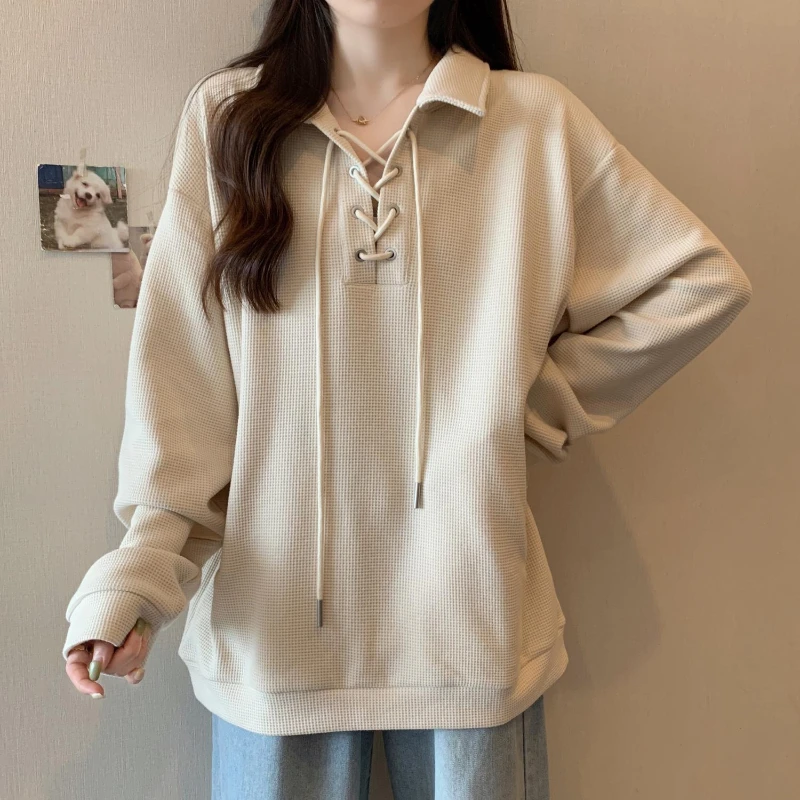 

Design Sense Polo Collar Shoulder Long Sleeved Sweatshirt for Women New Plus Size Fat Mm Loose Belly Covering Waffle Top