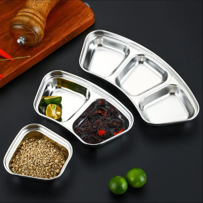 304 Stainless Steel Fan-Shaped Seasoning Plate Barbecue Dipping Sauce Plate Thick 1/2/3 Grids Design For Easy Sauce Control