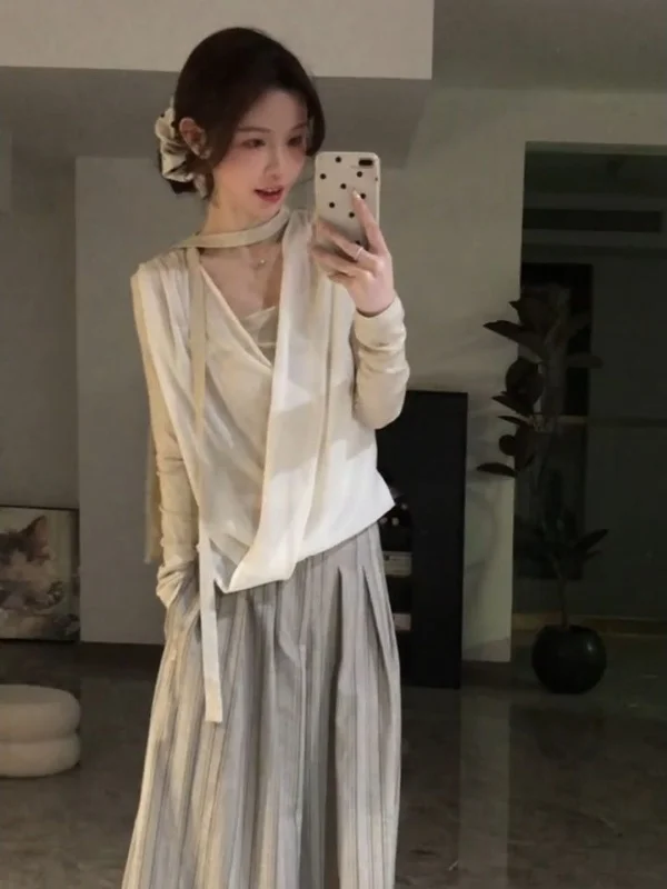 

Elegant Spring Outfit Women's Long Sleeve Wide Leg Pants Two-Piece Set Comfortable Polyester Fiber High Waist V-Neck T-Shirt