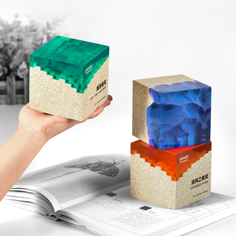 Customized High-end Cube Marble Drip Glue Trophy, Excellent Staff Company Annual Meeting Awards, Home Decorations Souvenirs, 1Pc
