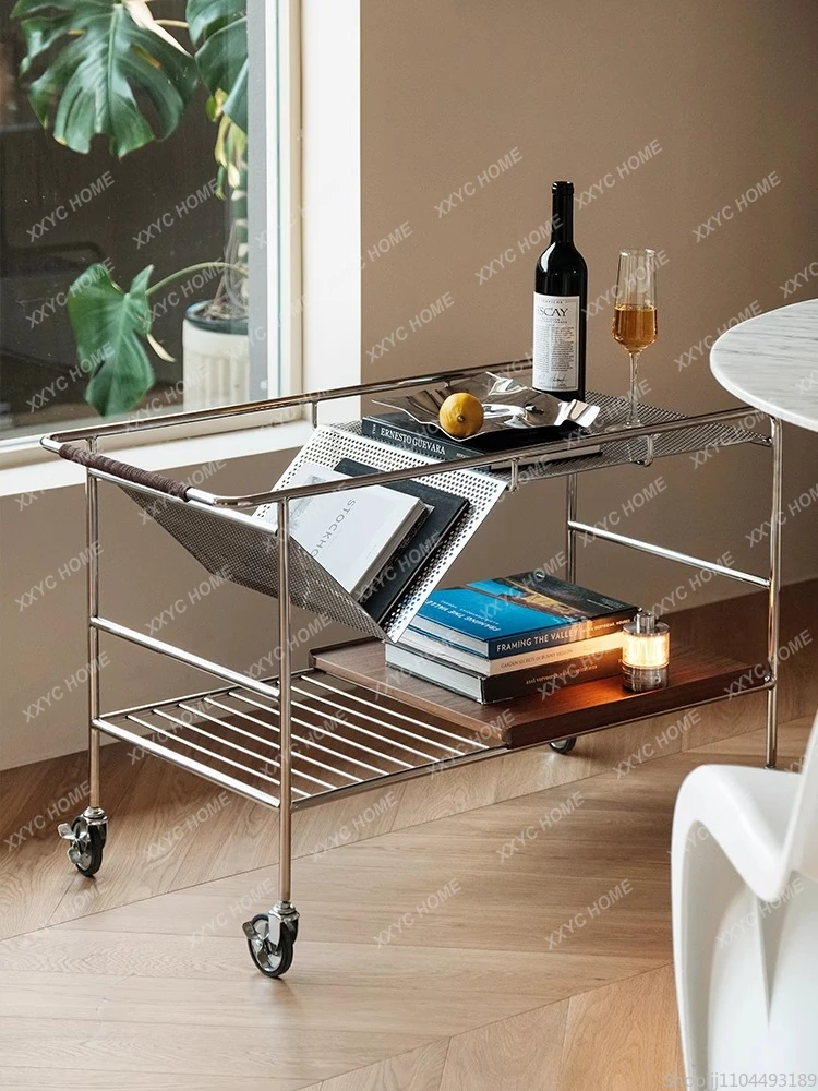 Retro Side Table With Wheels Mobile Sofa Caddy Stainless Steel Rolling Cart Stylish Living Room Storage & Coffee Ta