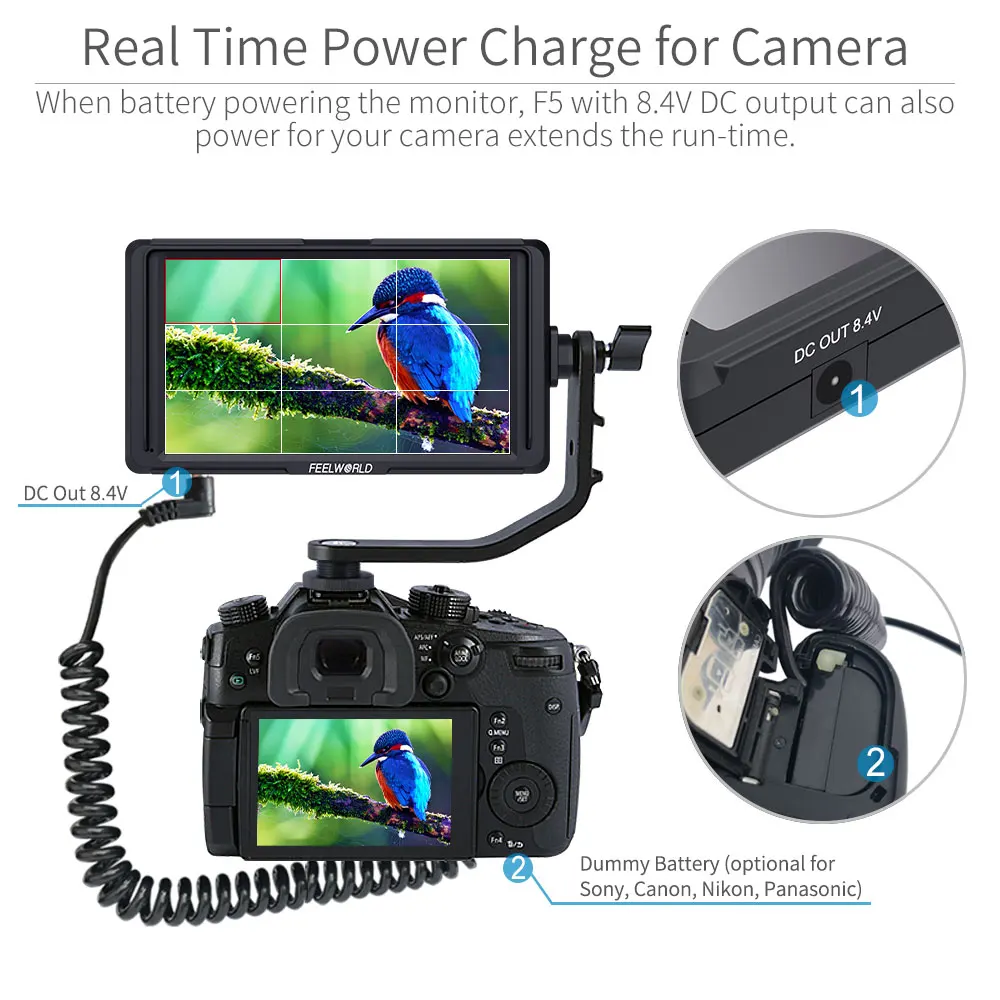 Feel world F5 5 بوصة DSLR على كاميرا جهاز المراقبة الميدانية الصغيرة كامل HD IPS 1920x1080 فيديو مساعدة 8.4 فولت تيار مستمر المدخلات الناتج تشمل الميل الذراع