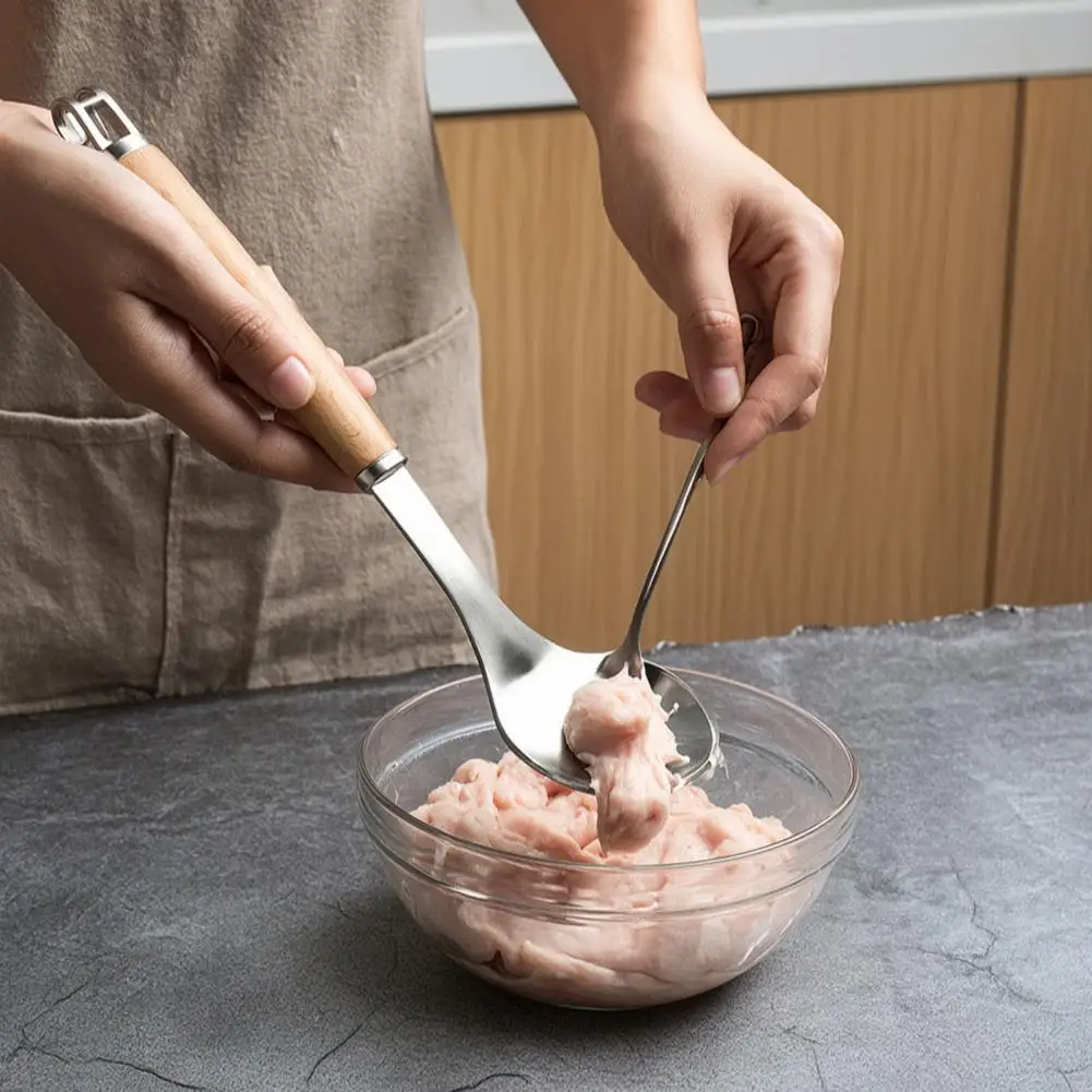 Professional Meatball Maker Stainless Steel Meatball Scoop Tool Non-stick Kitchen Meatball Shaping Gadget with Long Wooden