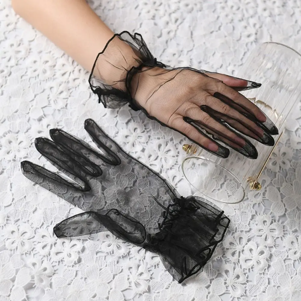 Elastische Transparente Frauen Tüll Handschuhe Ultra Dünne Volle Finger Gaze Spitze Handschuhe Braut Kurze Hochzeit Mesh Handschuhe Damen