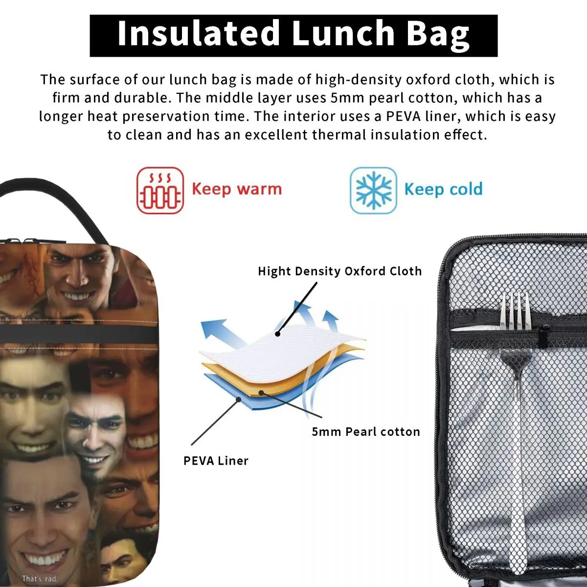 Happy Kazuma Kiryu Insulated Lunch Bag for Women Children Portable Food Boxes Thermal Lunch Box Tote