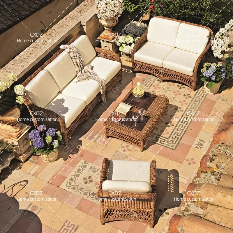Outdoor Rattan Sofa Set Patio Garden Furniture Wicker Couch with Coffee Table for Villa Courtyard Terrace Hotel Lounge