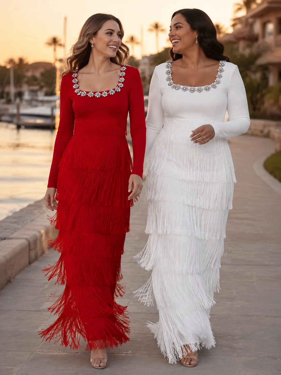 Women Crystal Embellished Fringe Maxi Dress Long Sleeve Square Neck Tiered Tassel Elegant Evening Party Formal Gown