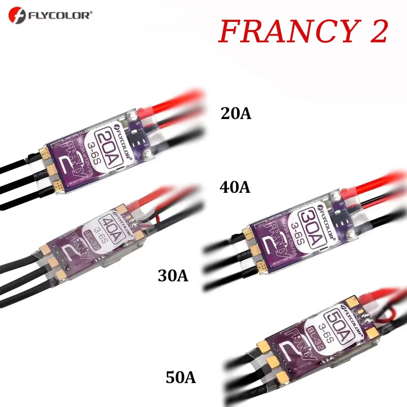 FLYCOLOR Francy 2 Бесщеточный ESC 20A 30A 40A 50A BLHELI-32 Dshot Высокопроизводительный MCU 5 В/3 А 12 В/2 А BEC Регулируемый для радиоуправляемого самолета