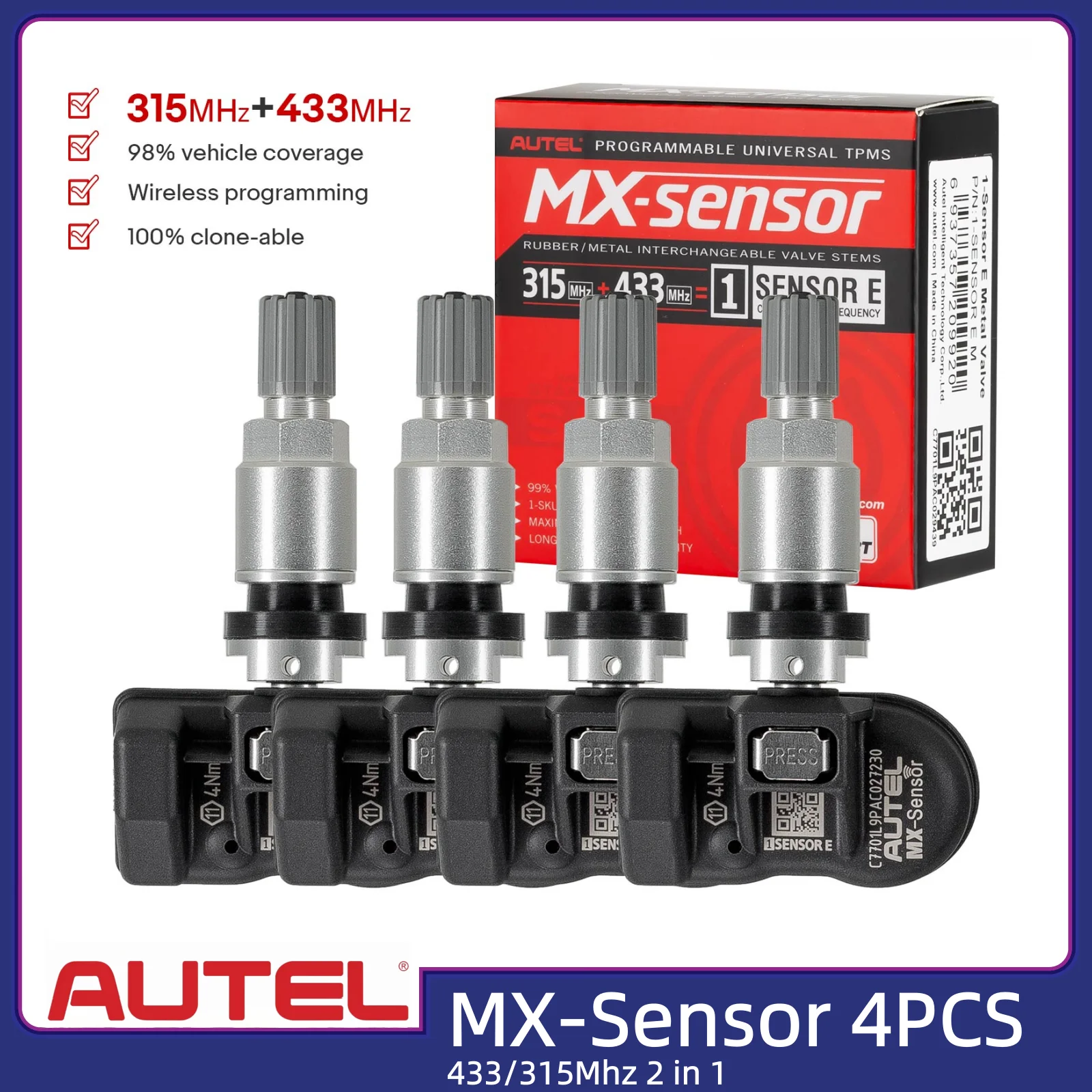 

4PCS Autel TPMS MX-Sensor 315MHz & 433MHz 2in1 Tire Pressure Sensors Summer Tire Exchange Universal Clamp In