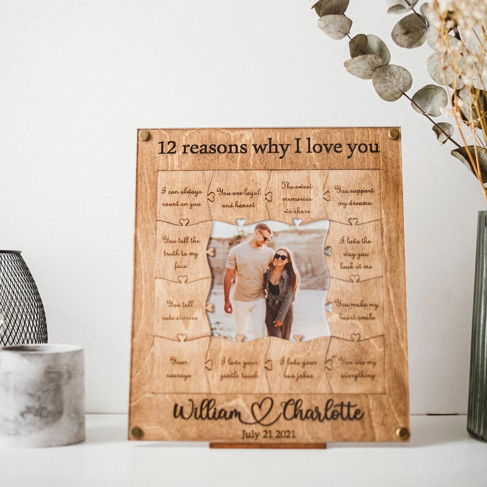 Valentine's Day Gift Custom Photo Frame Puzzles Ornaments 12 Reasons Why I Love You With Name Date Diy Wood Puzzle Piece Collage