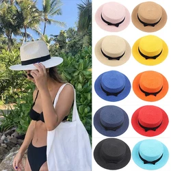 Women Straw Hats Panama Wide Brim Jazz Hat Summer Bow Knot Flat Top Sun Hat Sun-shading Chapeau Beach UV Protection Cap