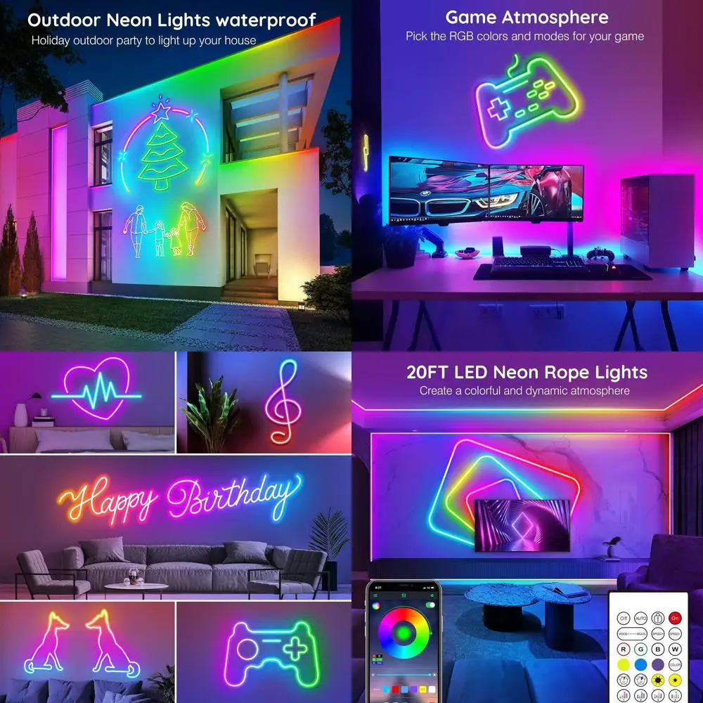 

Гибкие светодиодные ленты с управлением через приложение/пульт, RGB-подсветка с синхронизацией музыки для игр и использования на улице