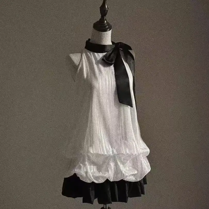 

Vintage Lolita Dress Girls Summer Sleeveless Flower Bud Bowtie Dress Women Black White Contract Color Y2K Fashion Short Dress