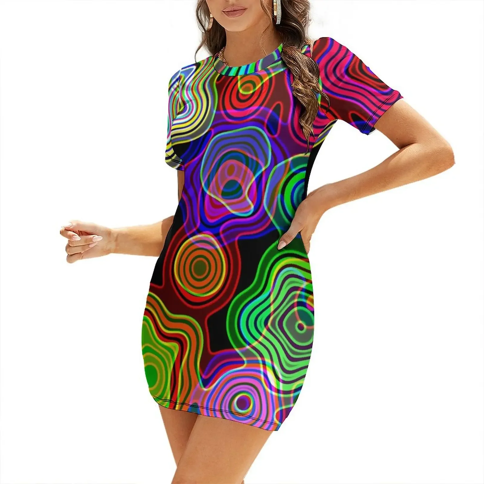 Groovy Psychedelic Retro Neon Party Lights Short-Sleeved Dress women dress evening dress ladies dresses for woman