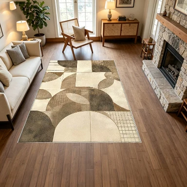 Modern Geometric Round Carpet Beige Brown Square Carpet Non-Slip Floor Carpet Suitable for Bedroom Living Room Home Decoration