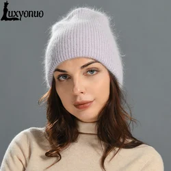 Luxyonuo 2022 Winter Hat for Womens Solid Color Real Rabbit Fur Knitted Beanies Double Layer Bonnet Female Sequin Shiny Skullies