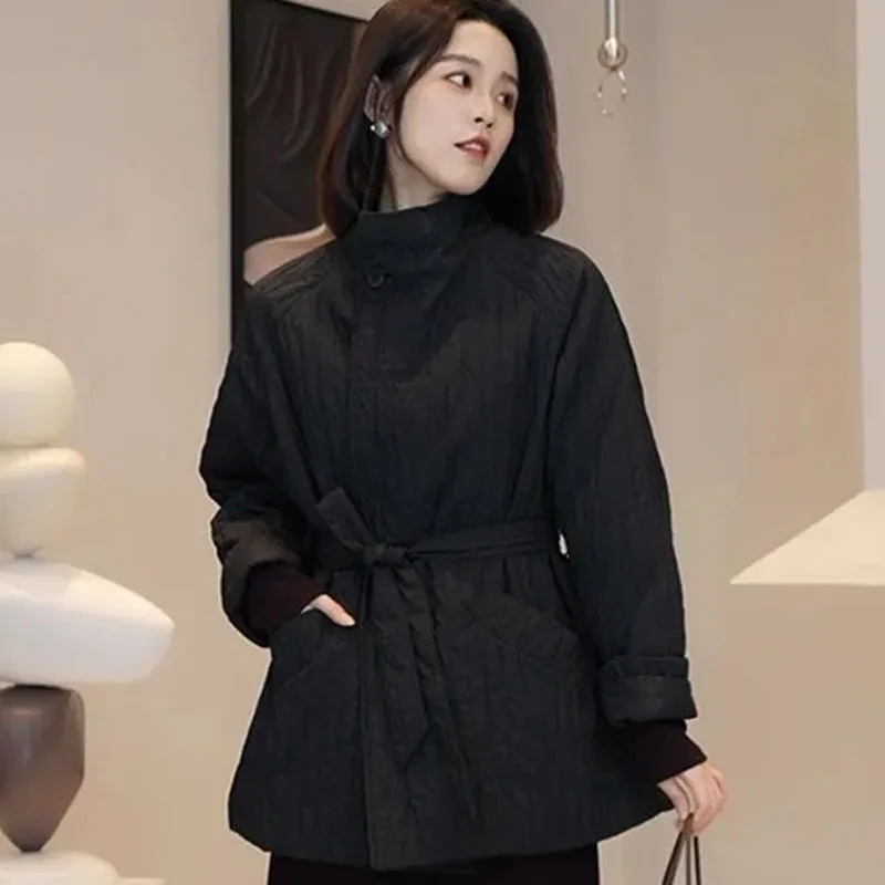

Lady Long Sleeves Down Cotton Jacket Autumn Winter Women Fashion Light Thin Parkas Coat Korean Femme Stand Collar Puffer Outwear
