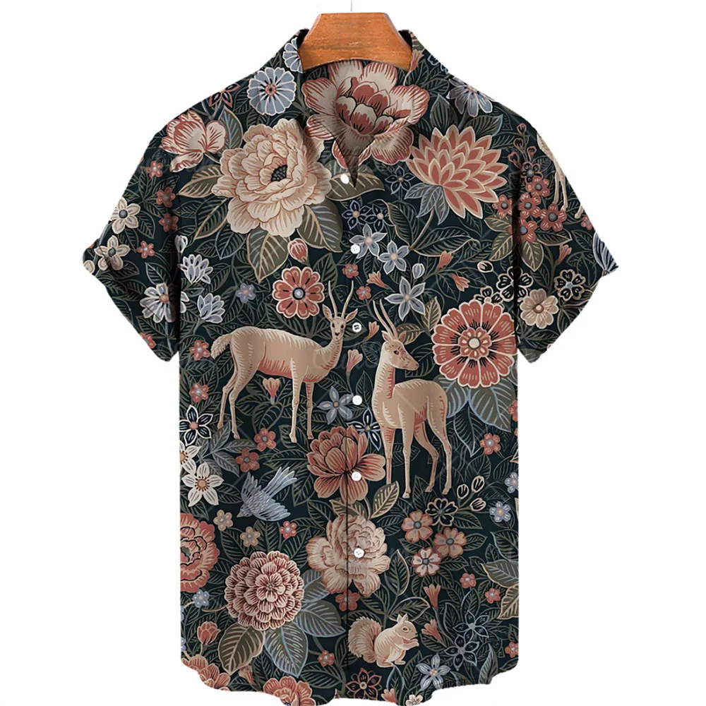 Foreign Trade Summer New Arrival Men's Floral Shirt Short Sleeve Collar Animal 3D Printed Hawaiian Shirt Men's Large Size Top