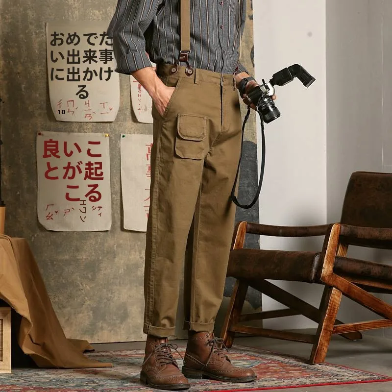 

Retro Japanese Sle Men's Cargo Pants High Street Vintage Overalls Antique Ameai Workwear Loose Fit Straight Leg Trousers