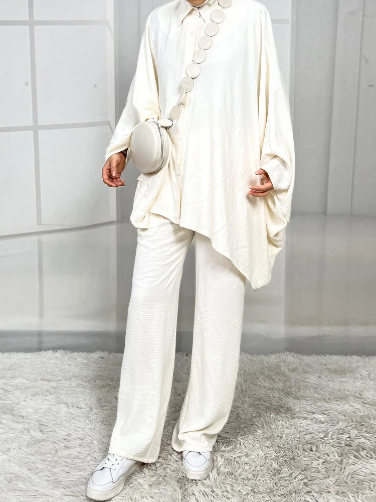 

Eid Muslim Set Women Bat Sleeve Single Breated Shirt Top 2 Piece Set Blouse Wide Leg Pant Suits Arabic Dubai Musulman Ensembles