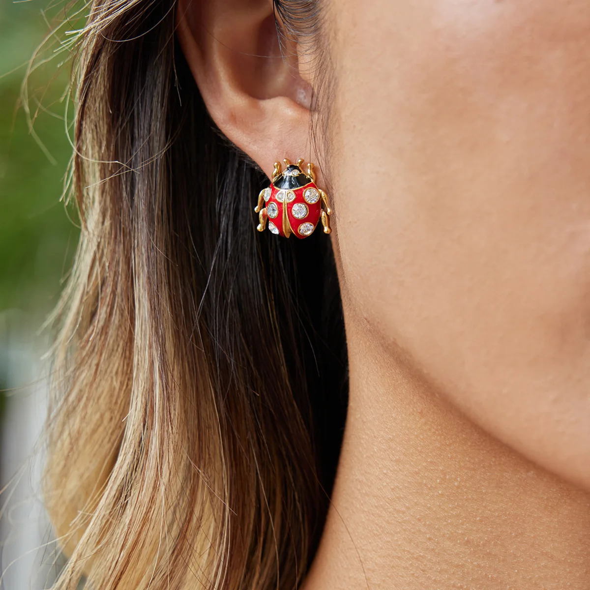 Stainless Steel Ladybug Stud Earrings for Women Waterproof 18k Gold Plated Earring with Zircon Statement Enamel Insect Earrings