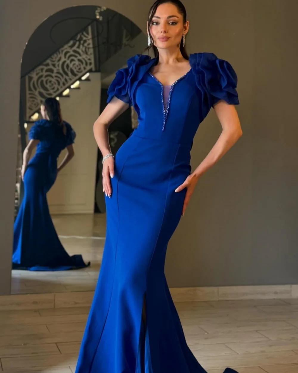 

Customized Exquisite Elegant Jersey Handmade Flower Beading Mermaid V-neck Long Dresses Bespoke Occasion Dresses Matching Sexy
