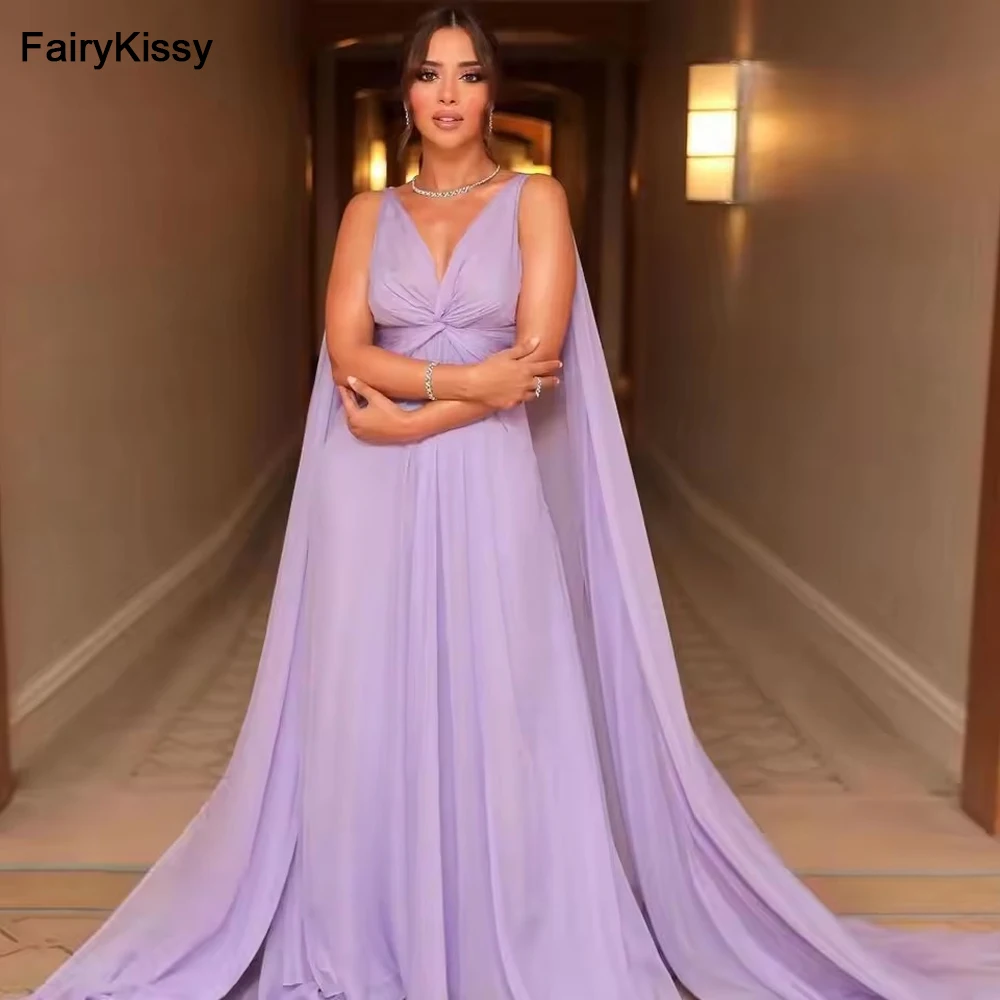 

FairyKissy Light Purple Chiffon Long Prom Dresses A-line V Neck Floor Length Saudi Arabic Women Evening Party Dresses