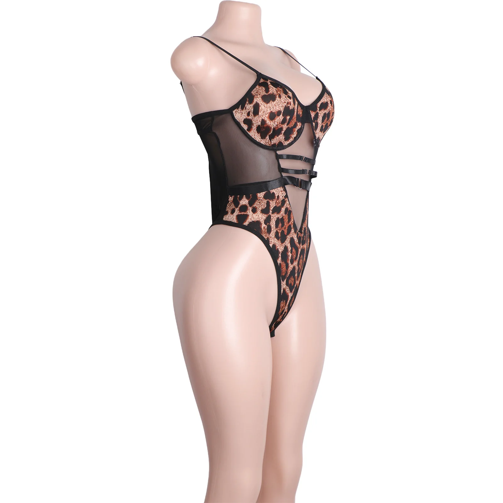 ヒョウ柄 Tバックベルトバックルレオタードボディスーツセクシーなパフォーマンスダンスウェアブラジャータイトな服女性のためのユニークなデザイン