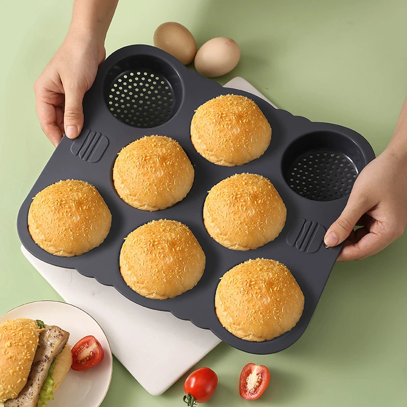 8 Cavity Silicone Hamburger Bread Bun Pan Reusable Non Stick Hamburger Bun Mold Easy To Release Baking Pan