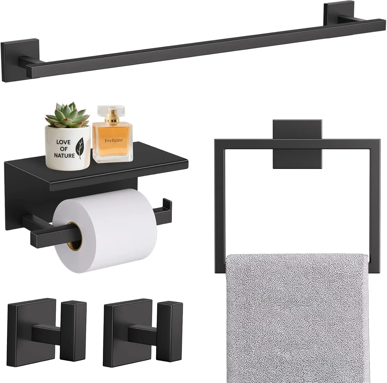 

5-Piece Matte Black Bathroom Hardware Set with 23.6" Towel Bar and Toilet Paper Holder with Shelf, Stainless Steel