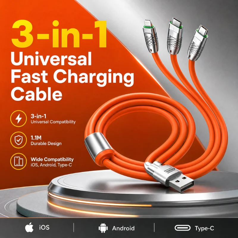 3-in-1 Multi Charging Cable 120W Super Fast Charge Liquid Silicone Cable LED Indicator USB Charger Wire for All Mobile Phones