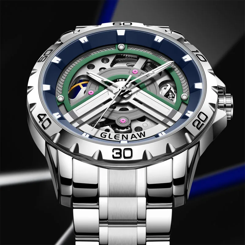 GLENAW Unique Hard-core Design Trendy Accessories Luminous Dial Waterproof And Wear-resistant fully Automatic Mechanical Watch