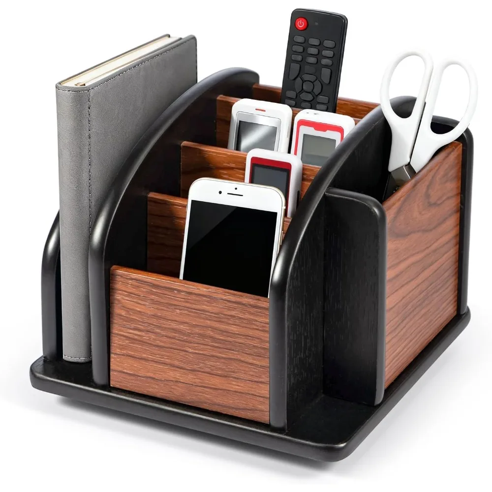 Rotating Remote Control Holder Multi Compartment Desktop Organizer for Pens, Mail Office Supplies Storage Home Office