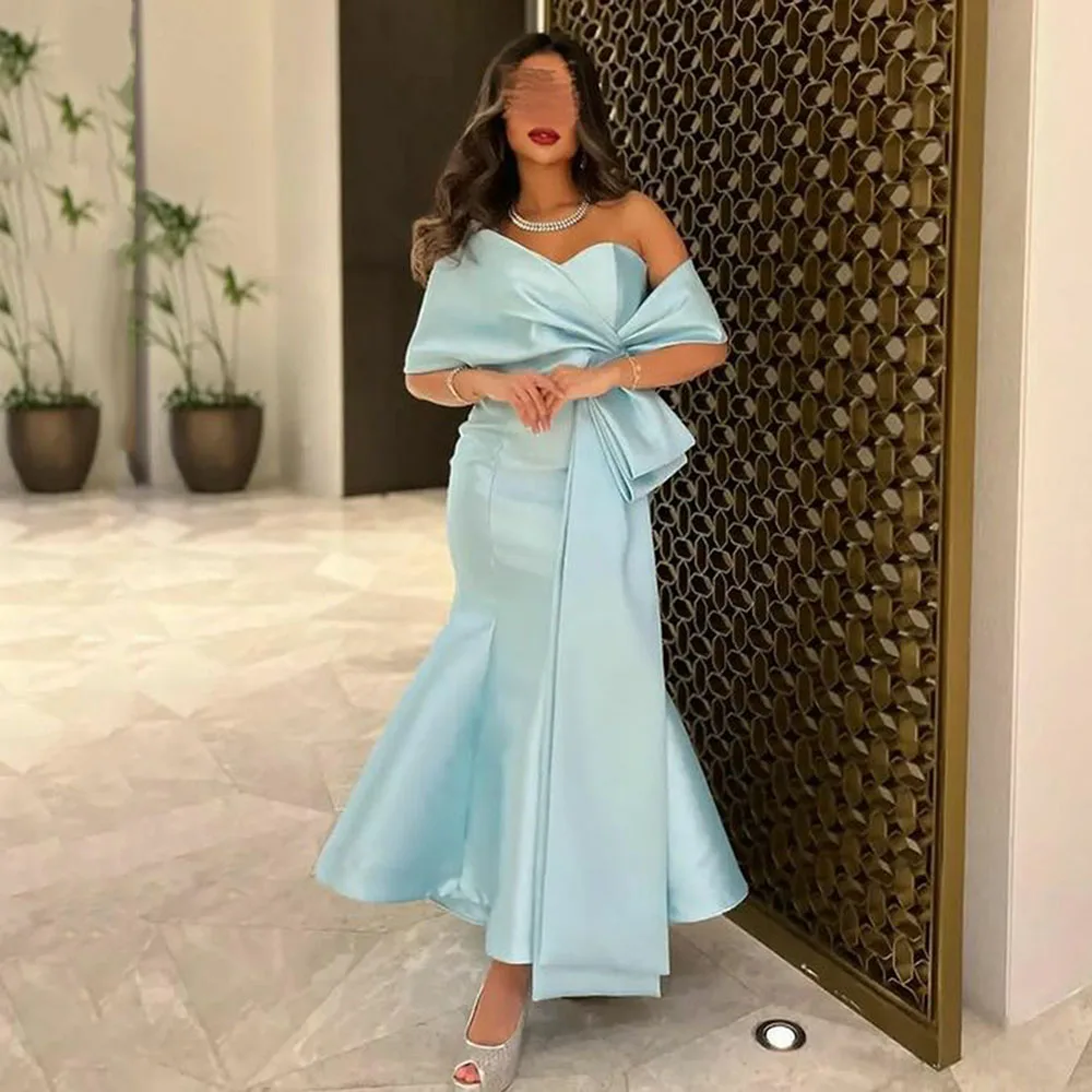 Msikoods céu azul vestido de noite com xale sem alças tornozelo comprimento vestidos de baile arábia dubai vestido de festa 2023