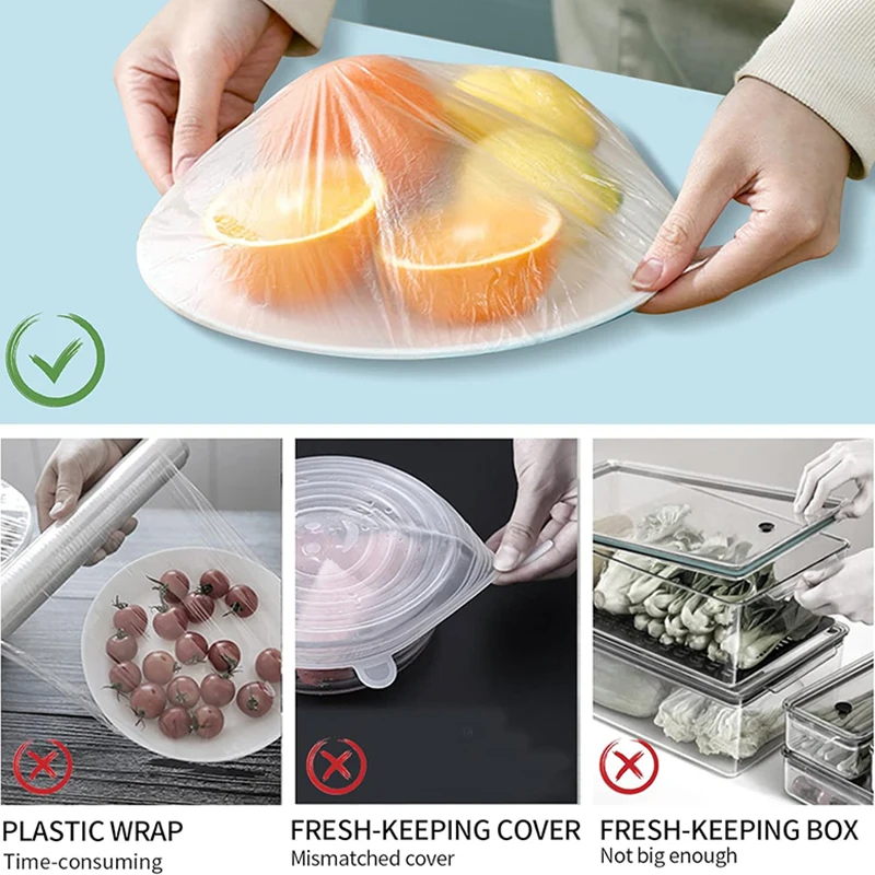 100 pz Usa E Getta Copertura Per Alimenti Involucro di Plastica Durevole Elastico Coperchi Per Alimenti per Ciotole Piatto Elastico Coperture Per La Cucina Sacchetto di Risparmio Alimenti
