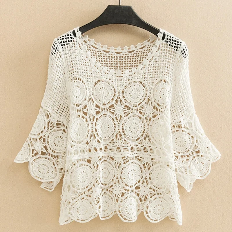 Sunscreen clothing Three-quarter Sleeve Openwork Knitwear Womens Summer Dress Short Paragraph  Blouse Thin Loose Bottoming Shirt