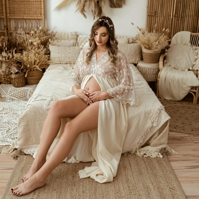 Women's Maternity Photography Dresses Vintage Linen Dress Embroidered Yarn Lace Sleeves Bohemian Baby Showers Pregnancy Dress