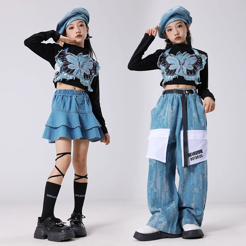 Kids Kpop Hip Hop Clothing Butterfly Crop Tank Tops Casual Patch Ripped Jeans Pants Skirt for Girls Jazz Dance Costumes Clothes