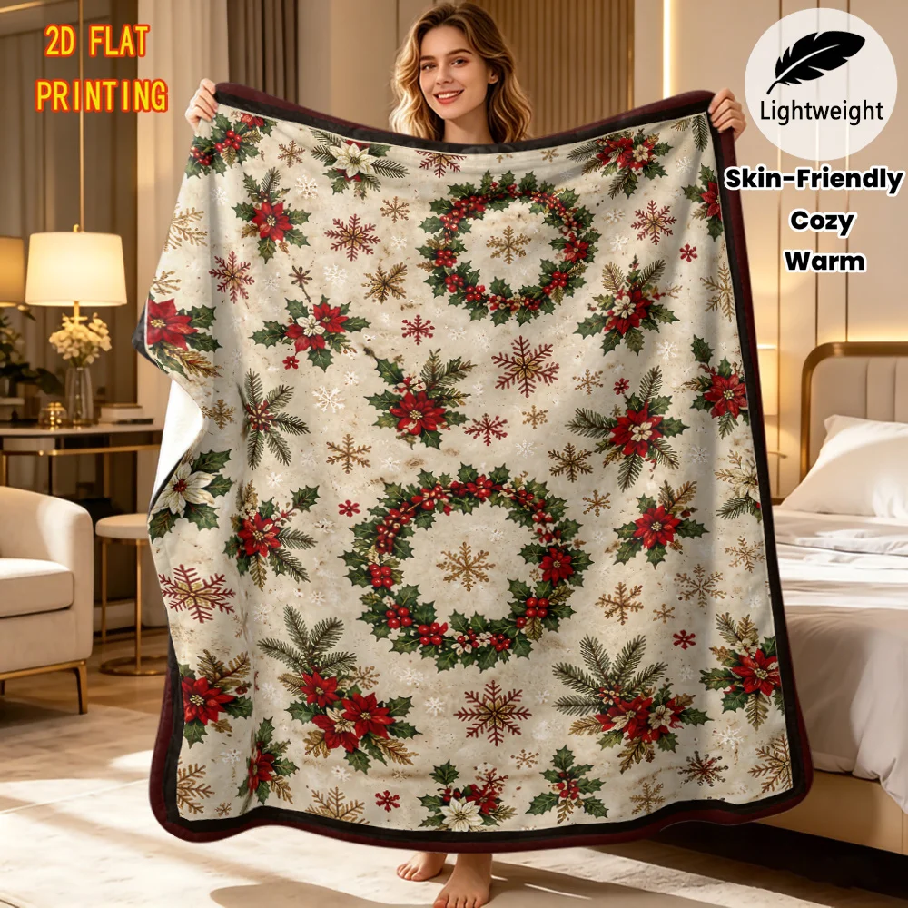 Xmas Wreath Poinsettia Christmas Throw Blanket Flannel Soft Lightweight Warm Cover for Bed Sofa Holiday Home Gift