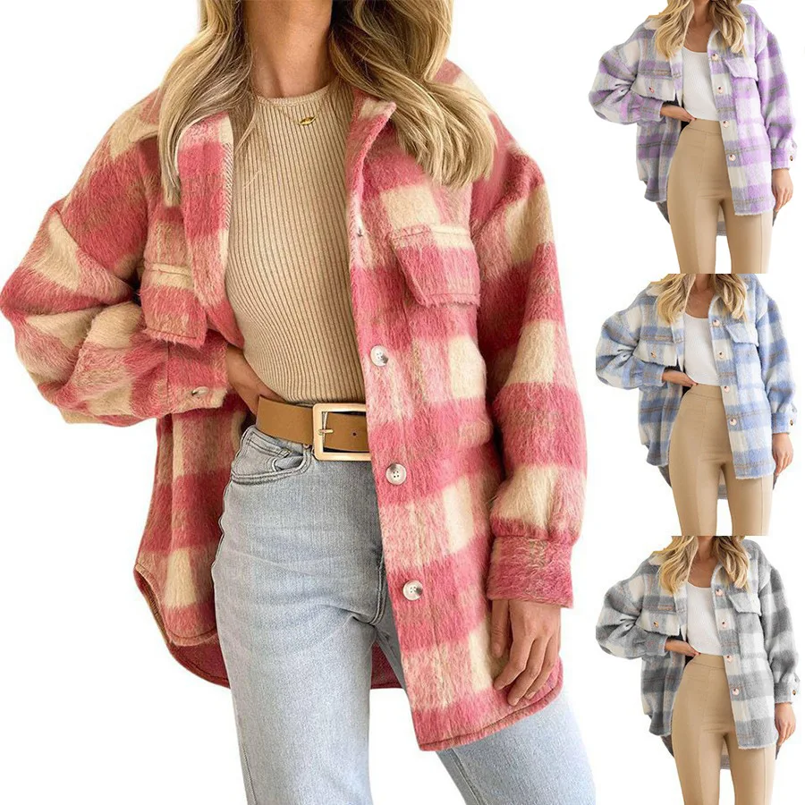 

New Fashion Winter Clothes Women Plaid Jackets Coat Street Style Shacket Shirt Jacket Luxury Fluffy Button Down Long Overcoat