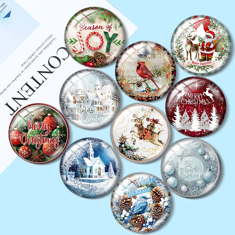 Merry Christmas Christmas reindeer Red bird tree  12mm/18mm/20mm/25mm Round photo glass cabochon demo flat back Making findings